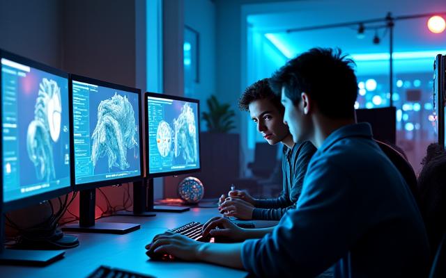 Un equipo de artistas digitales colaborando en un estudio moderno y creativo con equipos de última generación.