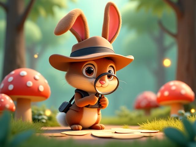 Personaje de animación 3D estilo cartoon, un conejo detective resolviendo un misterio.