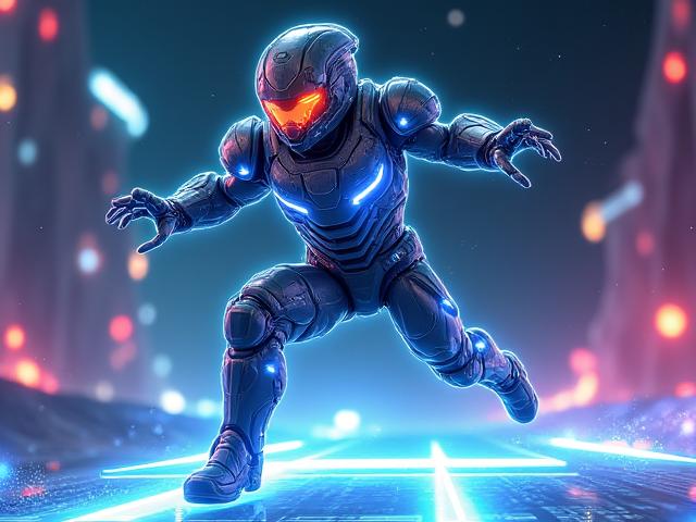 Animación de personaje futurista con armadura luminosa jugando un deporte espacial.