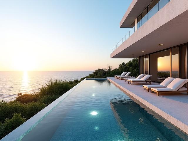Visualización arquitectónica de una moderna residencia de lujo con piscina infinita y vista al mar.