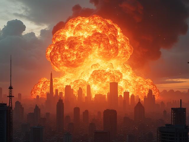 Efectos visuales realistas de una explosión masiva en una ciudad distópica al anochecer.