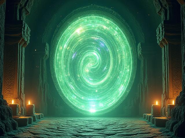 Efectos visuales de un portal mágico giratorio en un antiguo templo.
