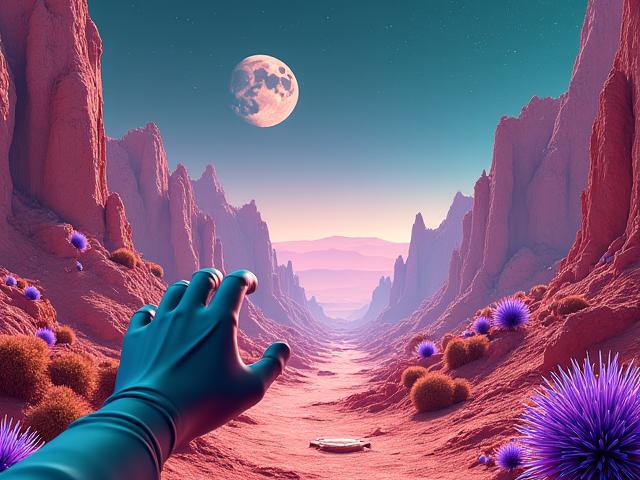 Entorno de realidad virtual inmersivo con una astronauta explorando un planeta alienígena.